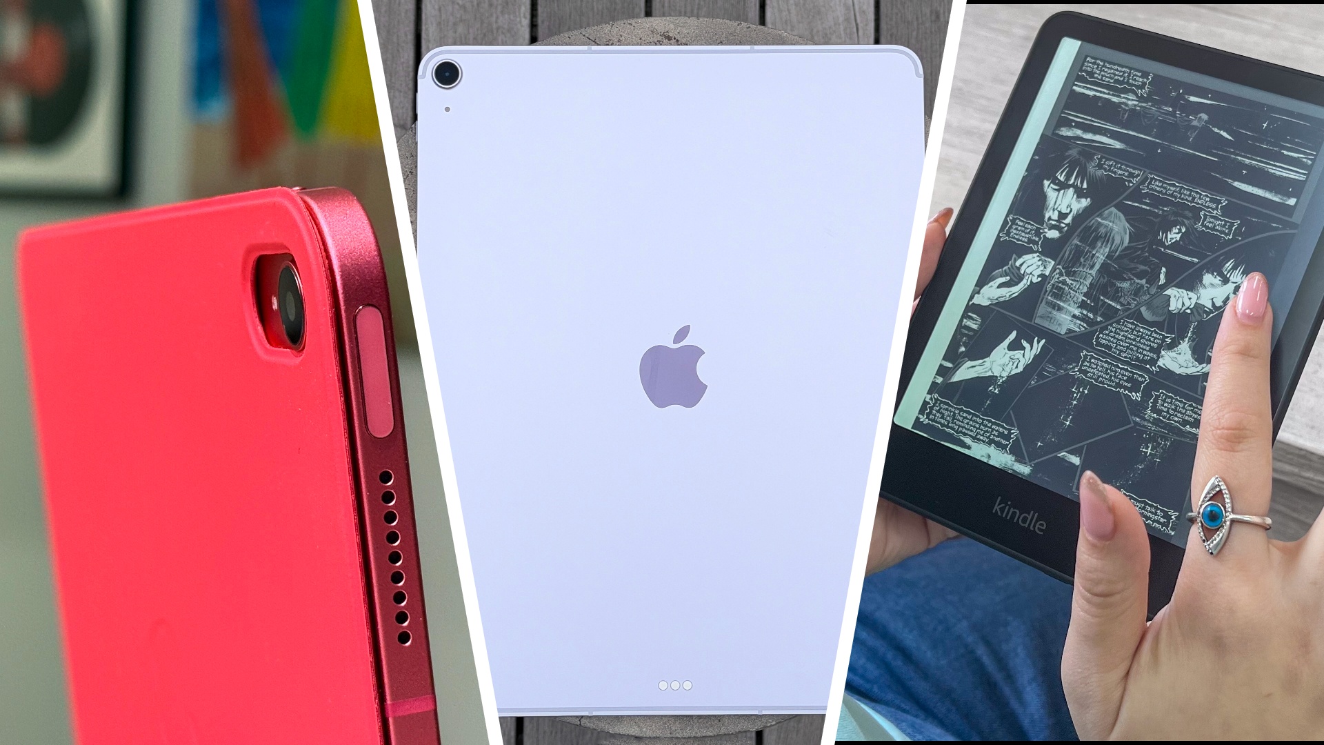 Three different tablets, photographed by their respective reviewers