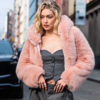 Gigi Hadid pink fur maybelline photoshoot