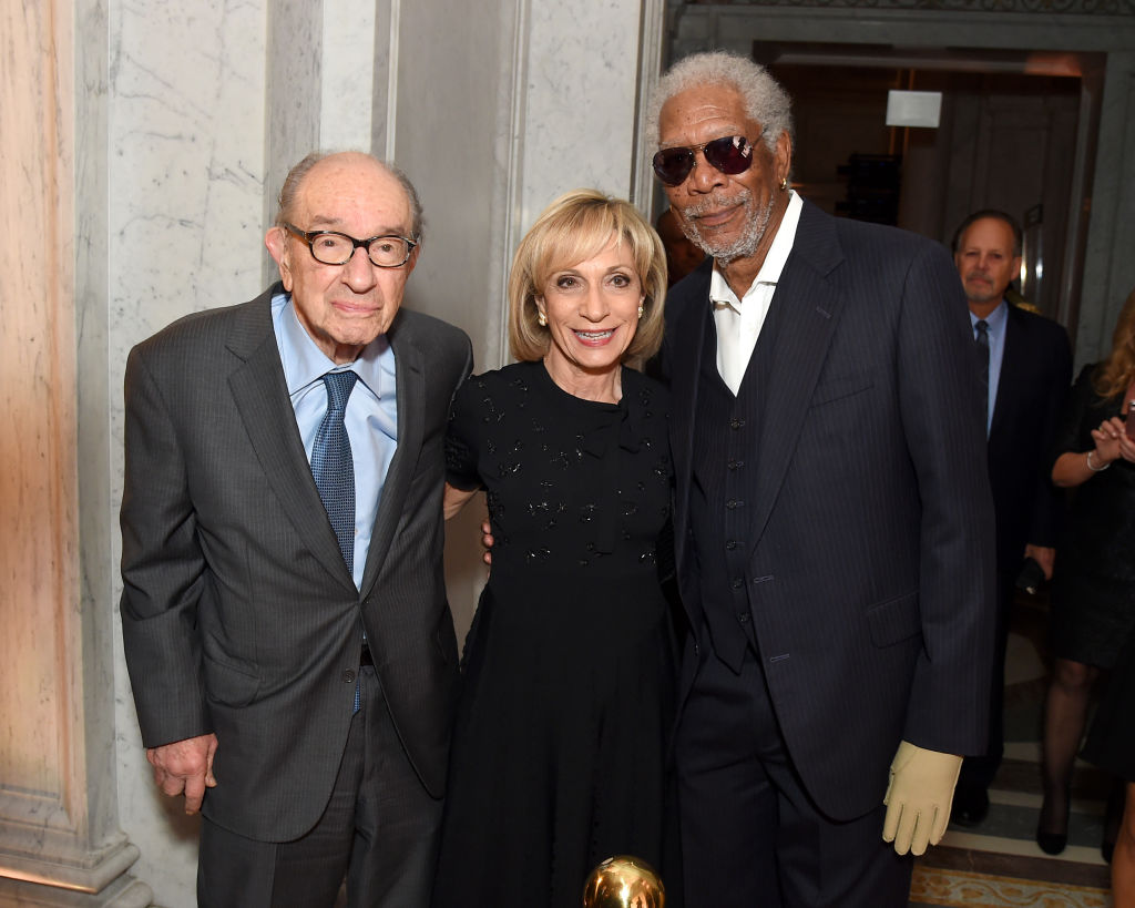 Alan Greenspan, Andrea Mitchell and Morgan Freeman at the AFI 50th Anniversary Gala at The Library of Congress on November 1, 2017 in Washington, DC.