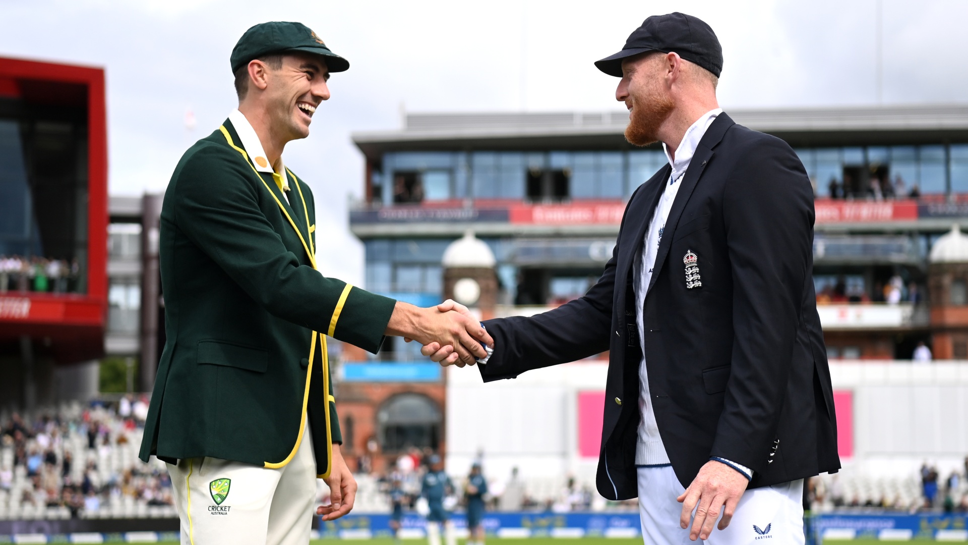 Australia&#039;s Pat Cummins and England&#039;s Ben Stokes shaking hands at the Ashes coin toss in 2023