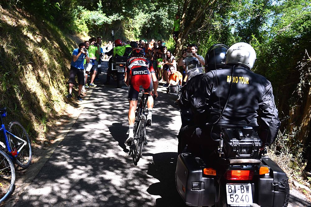 Greg Van Avermaet (BMC) was hit behind by a TV motorcycle at the Clasica San Sebastian