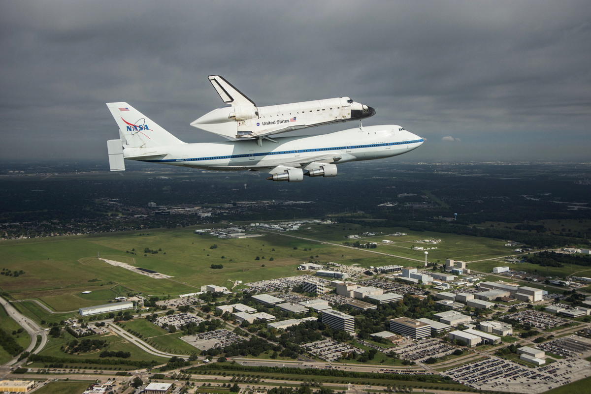 Endeavour over Johnson Space Center, Houston, TX