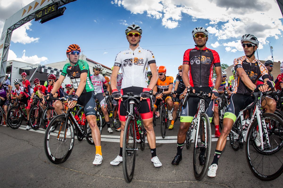 The mens jersey leaders get called to the start line.