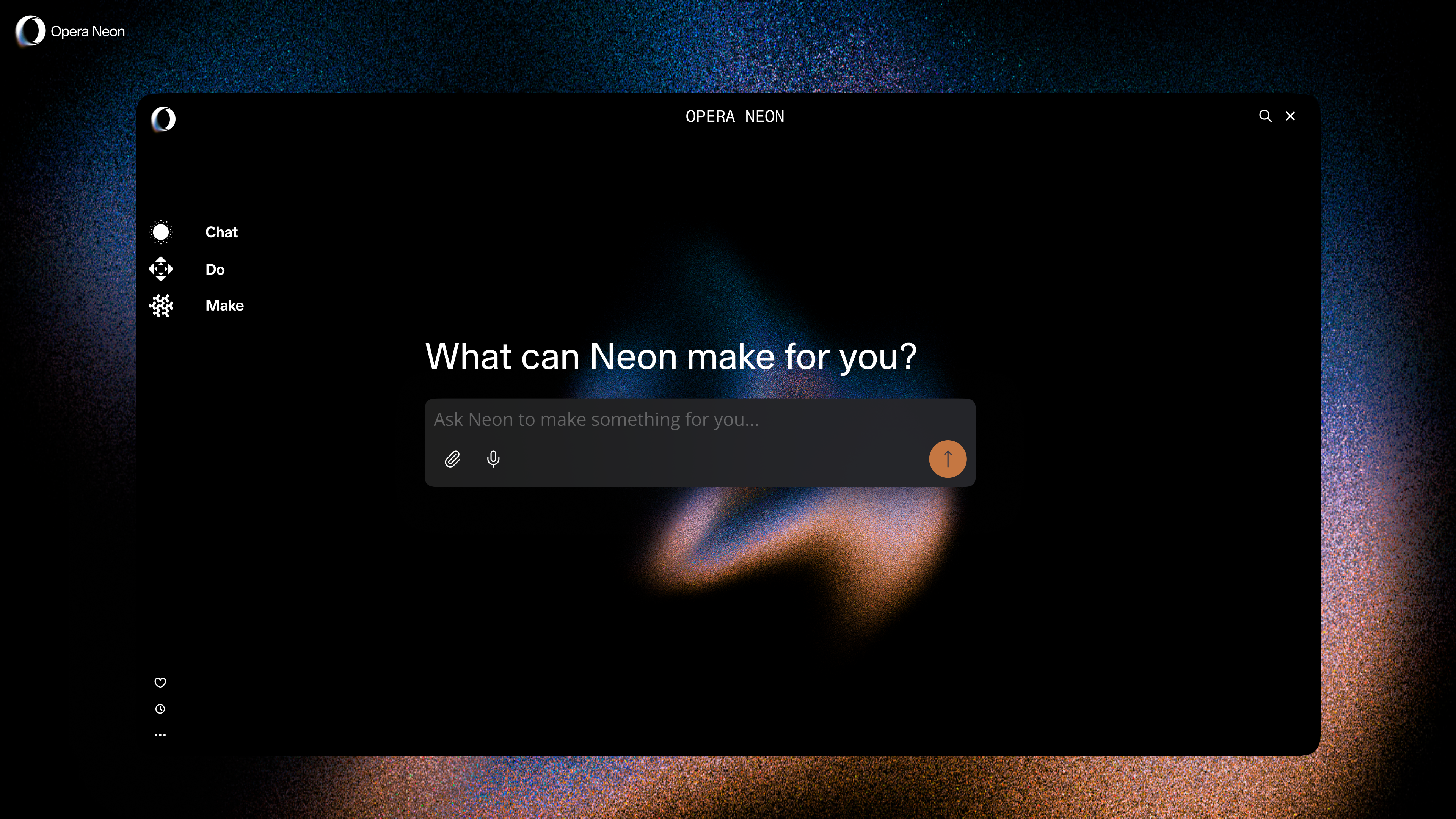 Opera Neon interface with "What can Neon make for you?" page.