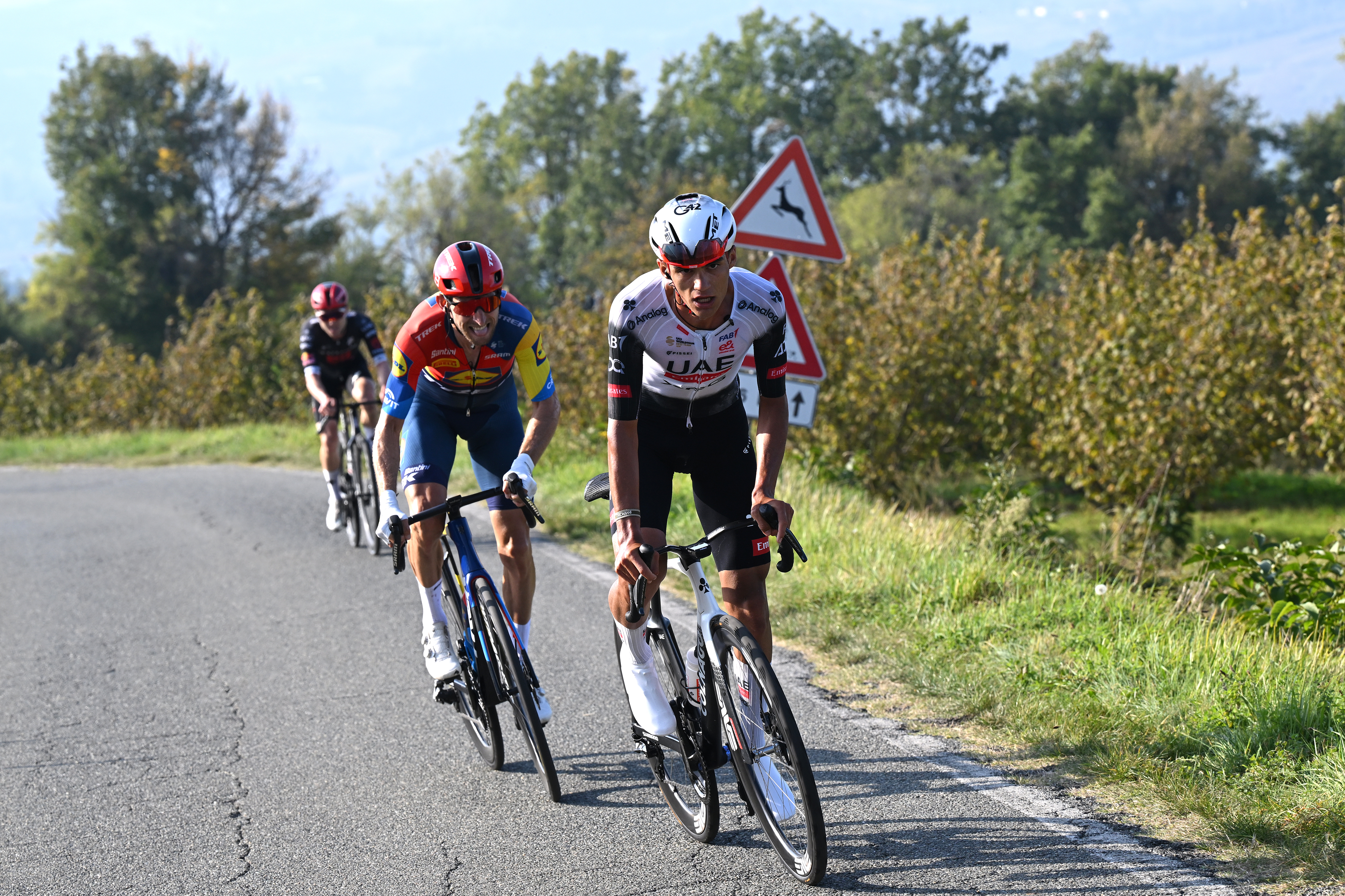 ACQUI TERME, ITALY - OCTOBER 09: (L-R) Bauke Mollema of Netherlands and Team Lidl - Trek and Isaac Del Toro of Mexico and UAE Team Emirates - XRG compete in the breakaway during the 109th Gran Piemonte 2025 a 179km one day race from Dogliani to Acqui Terme on October 09, 2025 in Acqui Terme, Italy. (Photo by Dario Belingheri/Getty Images)