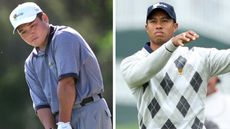 Shigeki Maruyama chips on to the green and Tiger Woods watches his iron shot into the green