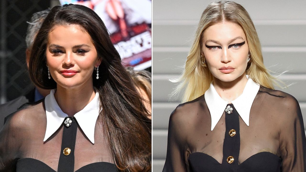 a collage of selena gomez wearing a versace dress first debuted on the runway by gigi hadid