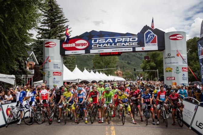 Riders get ready to start stage 1 of the 2014 USA Pro Challenge in Aspen, Colorado