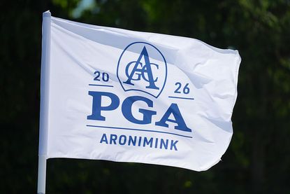 NEWTON SQUARE, PENNSYLVANIA - MAY 12: PGA flag is seen prior to PGA Championship at Aronimink Golf Club on May 12, 2026 in Newtown Square, Pennsylvania. 