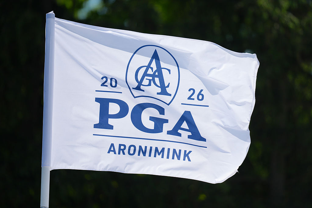 NEWTON SQUARE, PENNSYLVANIA - MAY 12: PGA flag is seen prior to PGA Championship at Aronimink Golf Club on May 12, 2026 in Newtown Square, Pennsylvania. 