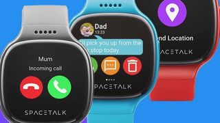 Three Spacetalk kids smartwatches on a blue background