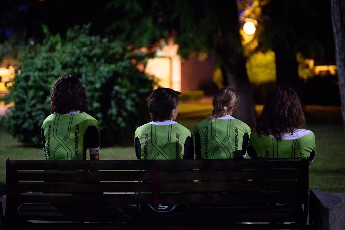 The Cylance team waits on a park bench