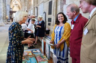 Camilla, Duchess of Cornwall meets with Author Michael Morpurgo OBE during a visit to Exeter Cathedral on July 19, 2021 in Exeter, United Kingdom. Founded in 1050, The Cathedral continues to offer daily Christian worship and choral music, alongside its roles as a community hub, heritage destination and venue for concerts and events.