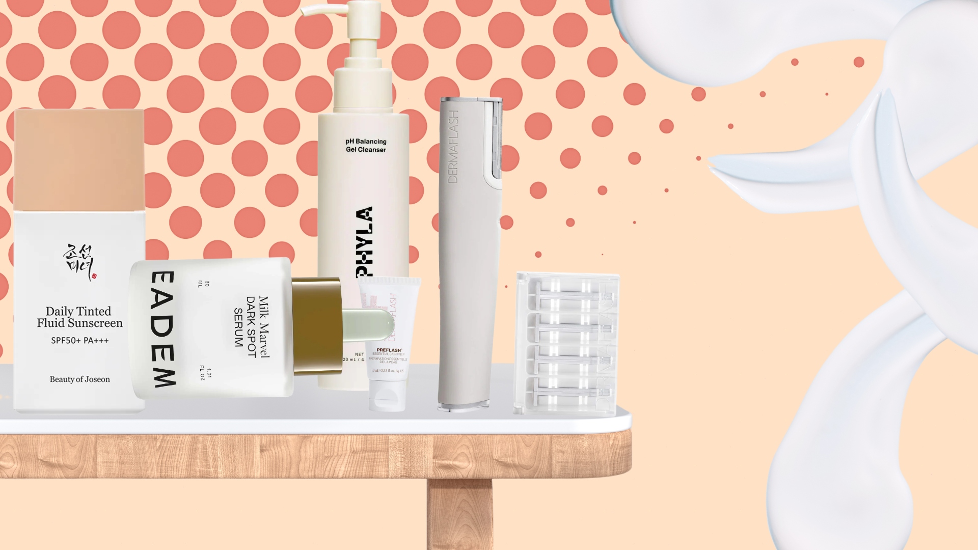 table with dark spot treatments on it on an orange polka dot background