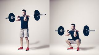 Man performs two positions of the barbell front squat exercise