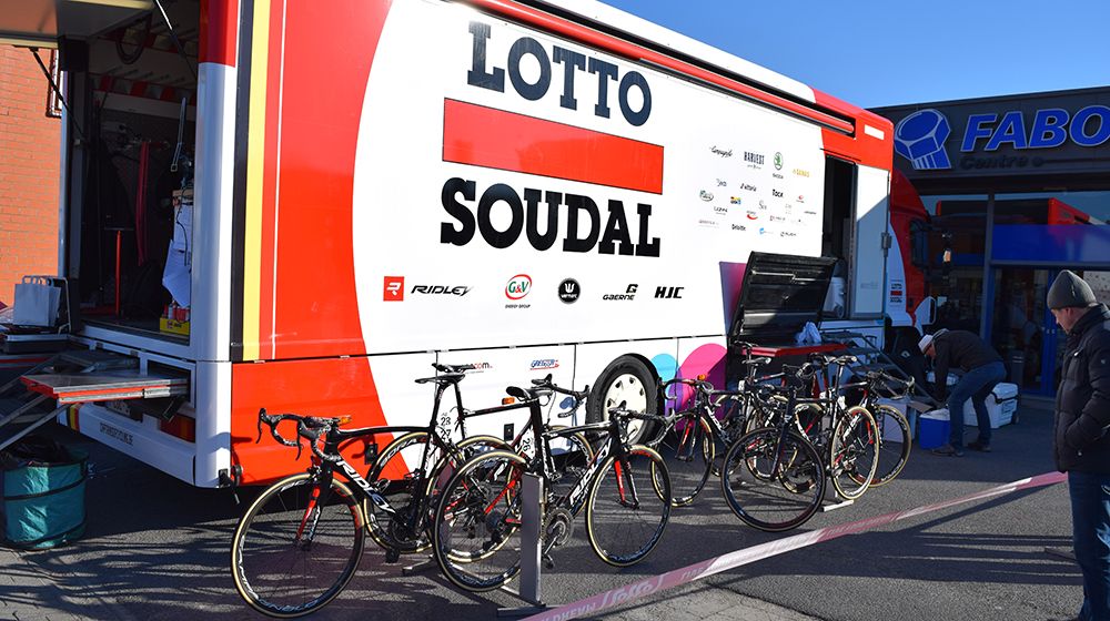 Several teams brought their mechanics' buses to the start/finish line at Kuurne-Brussel-Kuurne