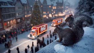 Two squirrels sit on a snowy ledge overlooking a town square at night, where two illuminated Coca-Cola Christmas trucks drive through a crowd of people near a decorated Christmas tree.