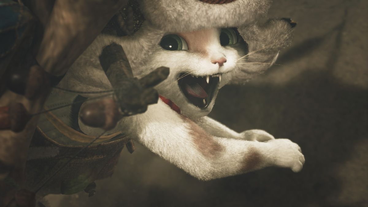 A Palico with its mouth open in a manic grin in Monster Hunter Wilds.