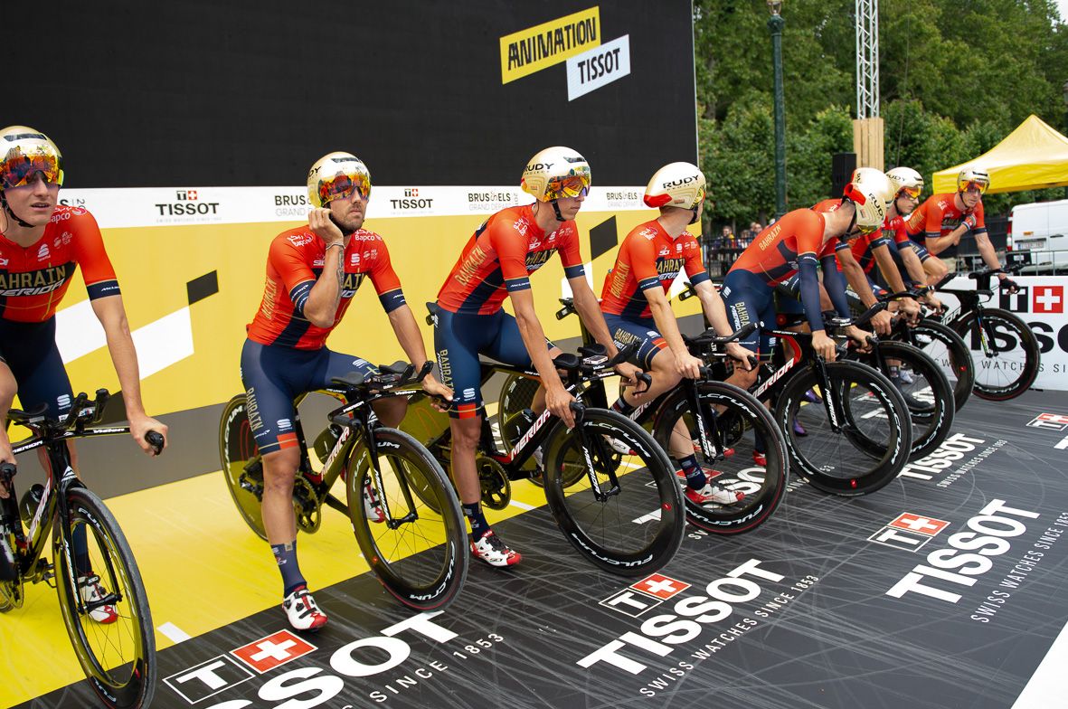 Bahrain-Merida on the start ramp ahead of their stage effort