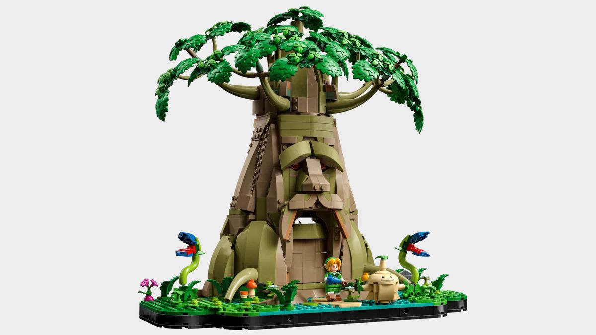 Lego Great Deku Tree set and box against a plain background