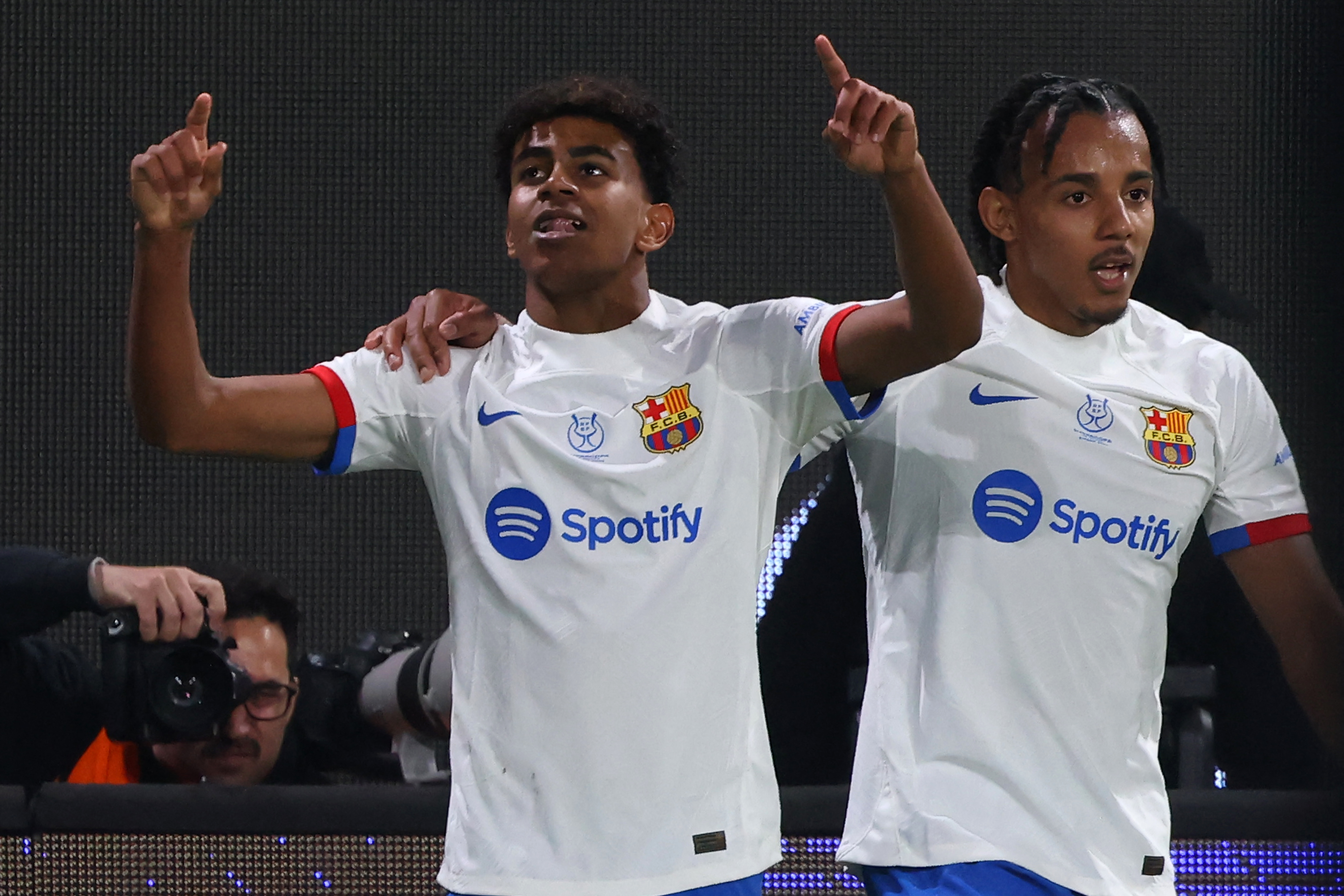 Lamine Yamal celebrates after scoring for Barcelona against Osasuna in the Supercopa de España in January 2024.