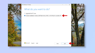 A screenshot of the Windows 10 media creation tool, with red arrows pointing at Create installation media and Next. 