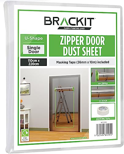 Brackit U Shape Zipper Door Dust Sheet With Pre-Assembled 4m Zipper. 100cm X 220cm (1m X 2.2m) With Masking Tape 36mm X 10m