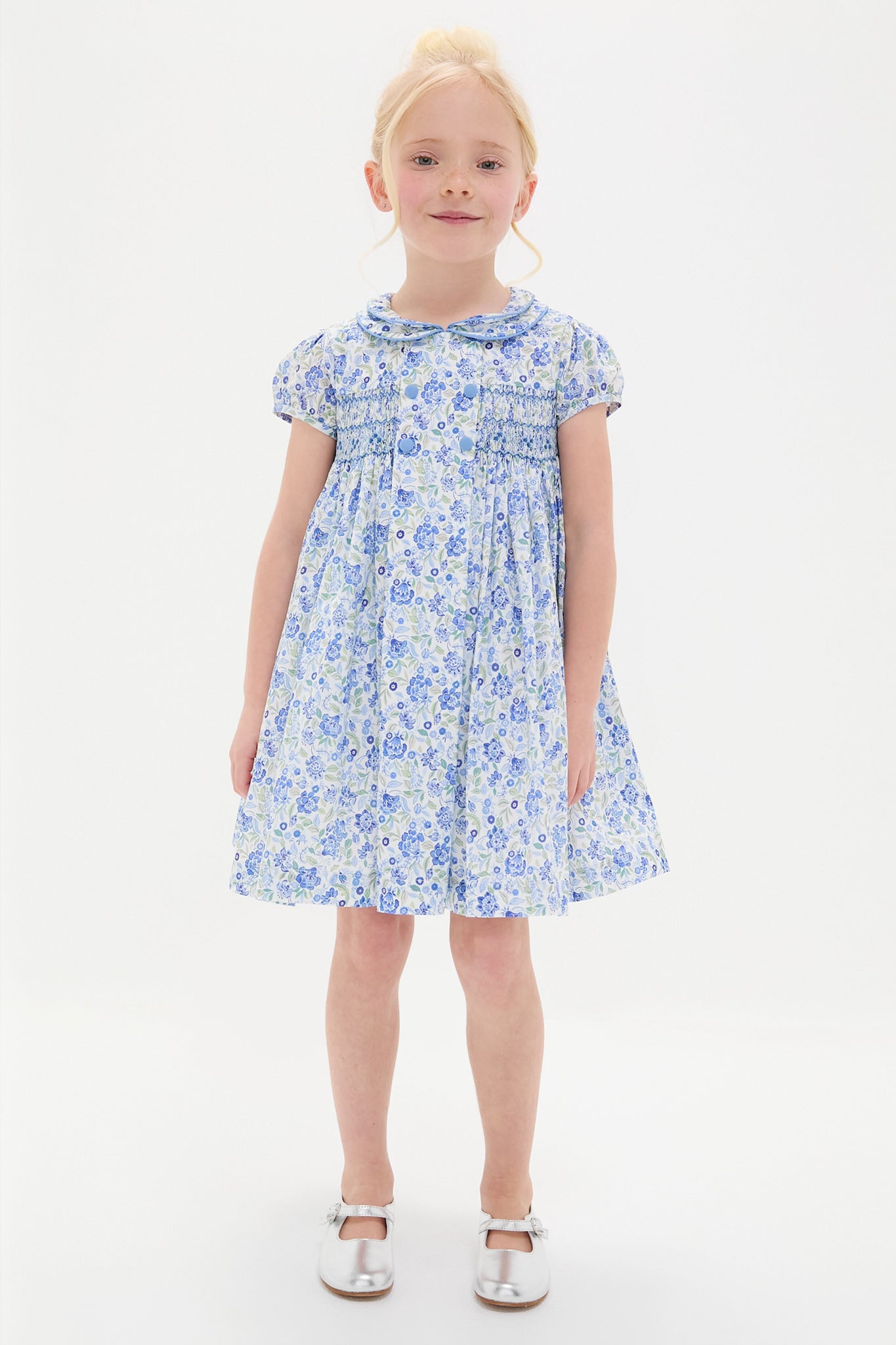Dusty Blue Floral Arcadia Hand-Smocked Dress