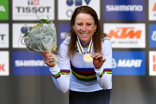 Annemiek Van Vleuten celebrates her second consecutive time trial world title