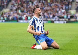Brighton and Hove Albion’s Shane Duffy celebrates scoring their side’s first goal of the game during the Premier League match at the AMEX Stadium, Brighton. Picture date: Saturday August 21, 2021