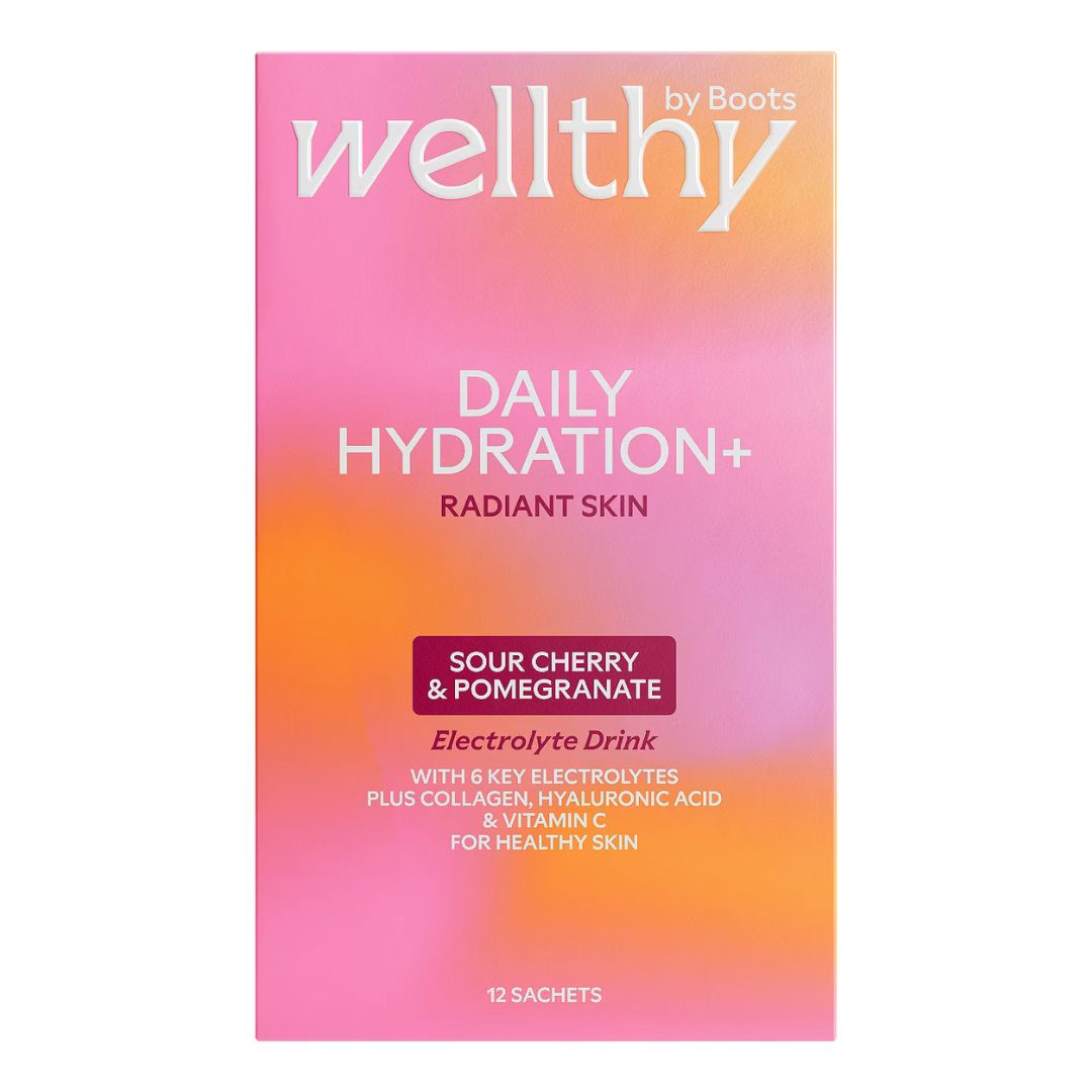 Wellthy by Boots Daily Hydration+ Electrolyte Powder, Sour Cherry &amp;amp; Pomegranate flavour, Radiant Skin 24x Sachets