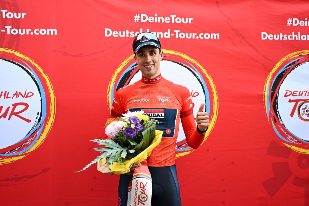 ST WENDEL GERMANY AUGUST 23 Ethan Vernon of The United Kingdom and Team Soudal Quick Step celebrates at podium as Red Leader Jersey winner during the 38th Deutschland Tour 2023 Prologue a 23km individual time trial stage from Sankt Wendel to Sankt Wendel on August 23 2023 in St Wendel Germany Photo by Christian KasparBartkeGetty Images