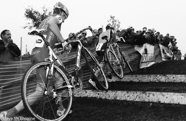Nicholas Bazin (Team Auber 93) running the stairs behind Tim Johnson