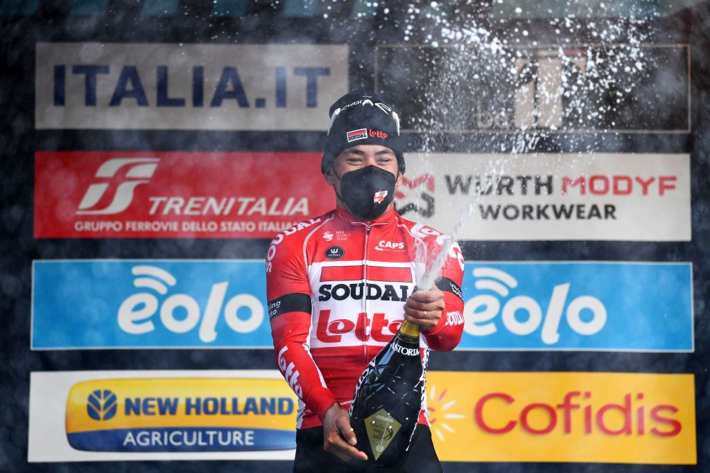 TERNI ITALY MARCH 09 Caleb Ewan of Australia and Team Lotto Soudal celebrates at podium with champagne as stage winner during the 57th TirrenoAdriatico 2022 Stage 3 a 170km stage from Murlo to Terni TirrenoAdriatico WorldTour on March 09 2022 in Terni Italy Photo by Tim de WaeleGetty Images