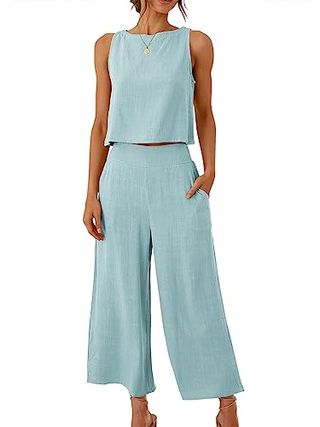 Anrabess Women's Summer 2 Piece Outfits Sleeveless Crop Top Capri Wide Leg Pants Jumpsuit Casual Linen Lounge Matching Sets Beach Travel 2024 Trendy Clothes Blue Large