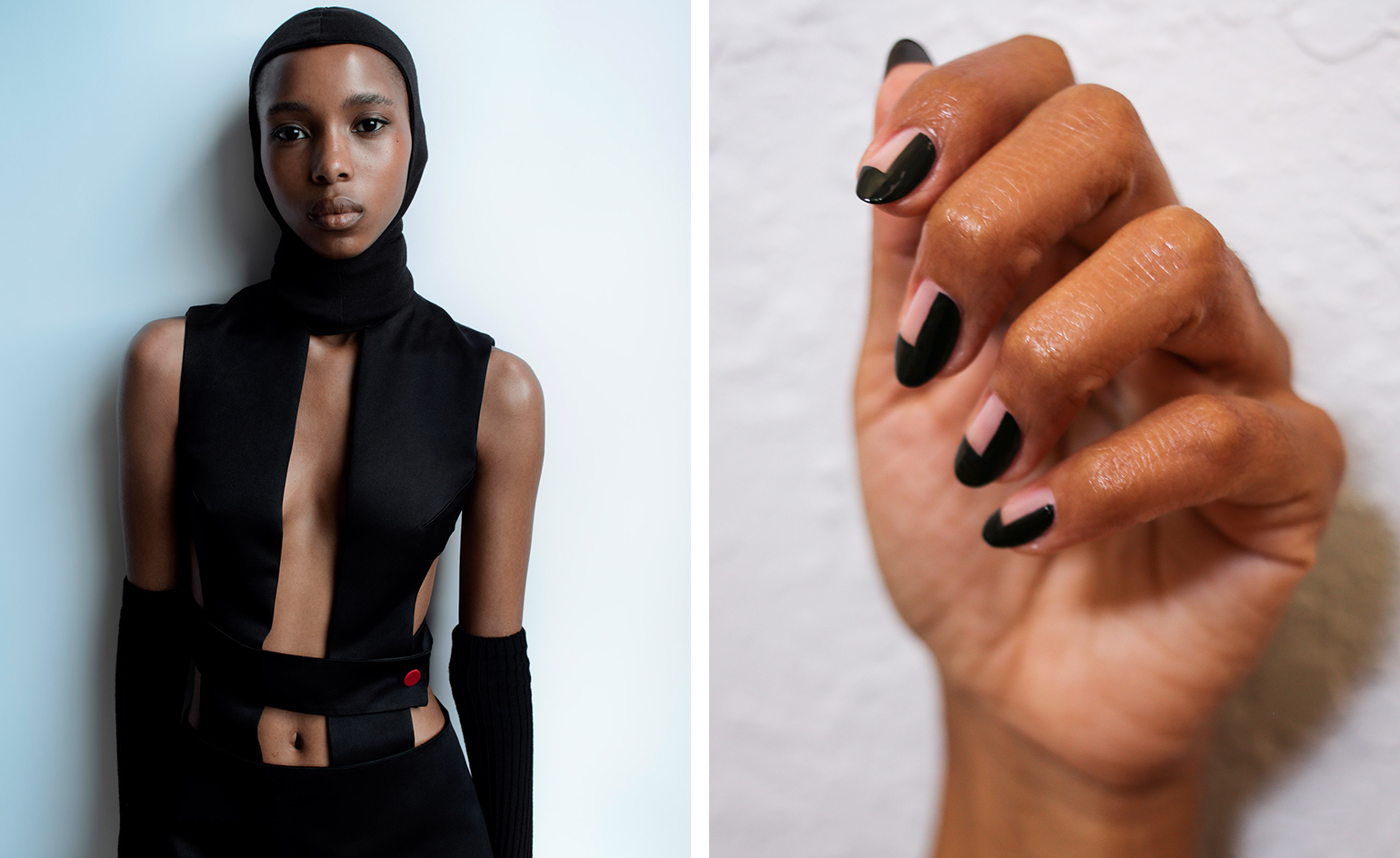 Hood, price on request; dress, arm warmers, all by Maximilian. Photography by Douglas MacArthur. Fashion by Brilliant Nyansago. Next to black geometric nails.