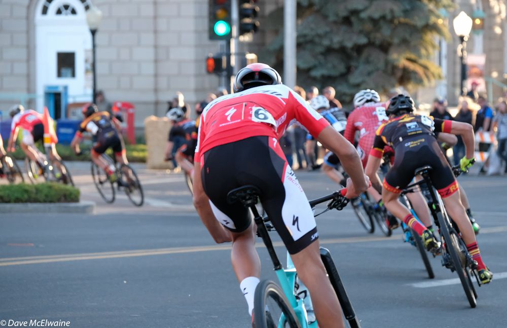 Racers round one of the many corners on the downtown crit.