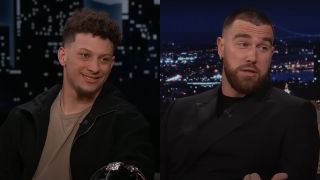 From left to right: Patrick Mahomes smiling on Jimmy Kimmel Live and Travis Kelce talking on The Tonight Show.