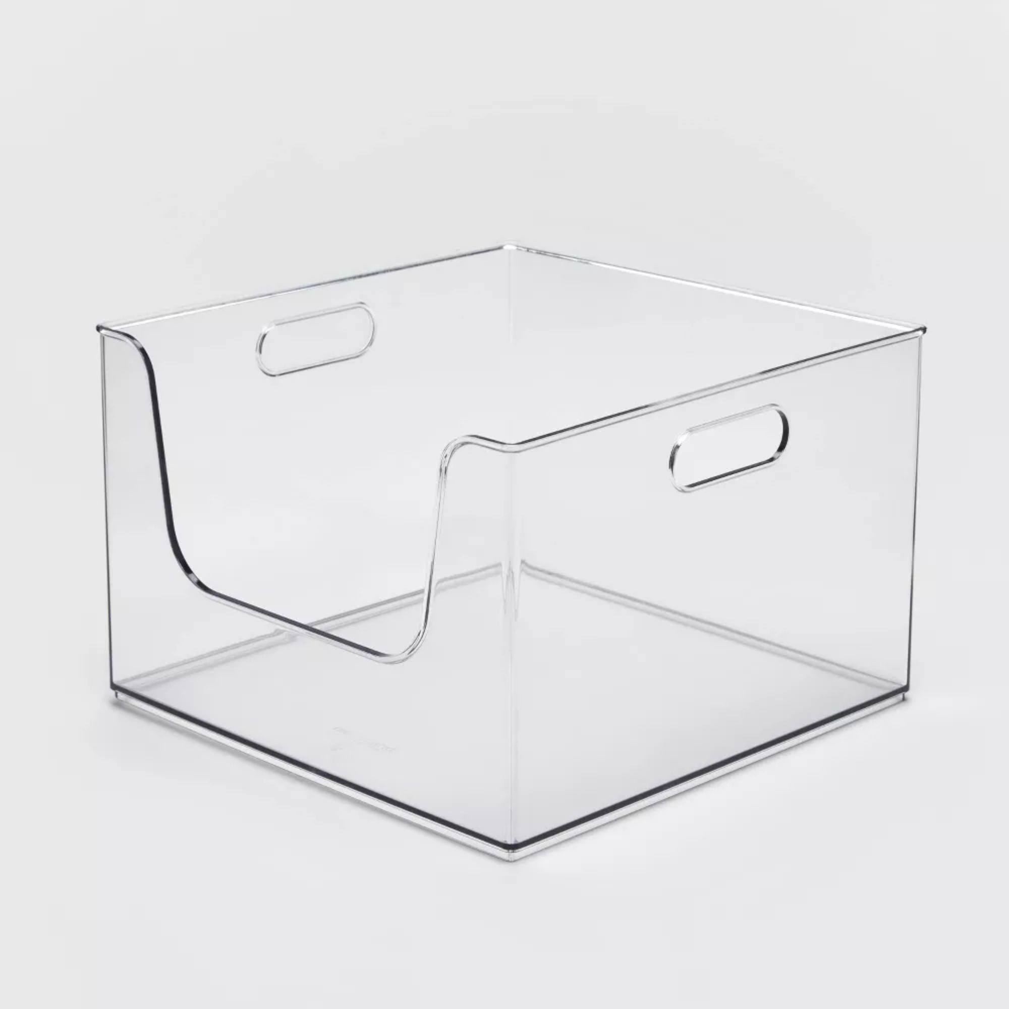 Open-front clear plastic storage bin