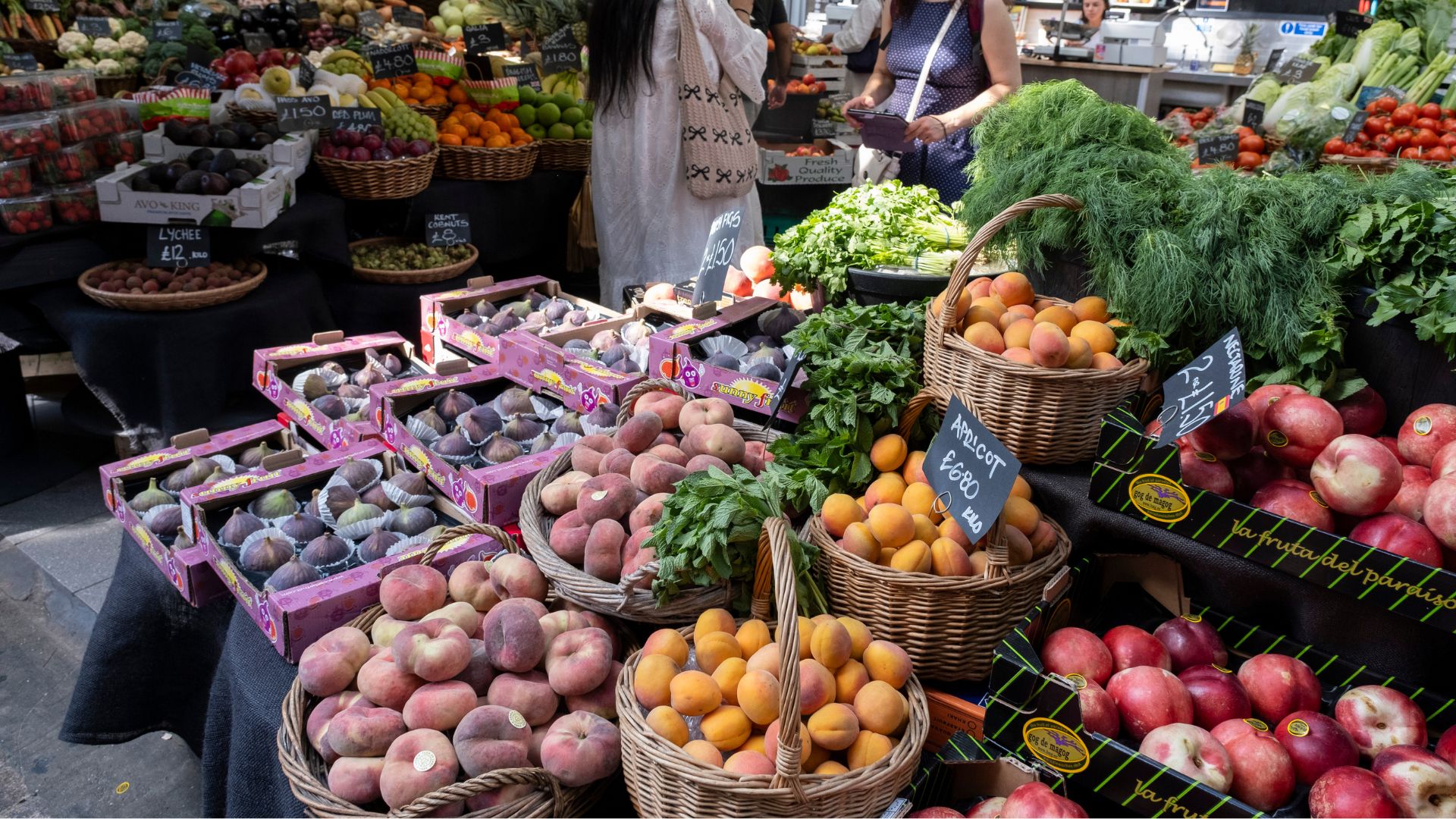 Fruit and veg stall Borough Market on 27th August 2024 in London, United Kingdom. Borough Market is a retail food market and farmers market in Southwark. It is one of the largest and oldest food markets in London, with a market on the site dating back to at least the 12th century. A farmers market is a physical retail marketplace intended to sell foods directly by farmers to consumers. (photo by Mike Kemp/In Pictures via Getty Images)