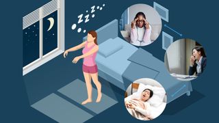 A drawing of a woman sleep walking with three individual images of the causes of sleep walking