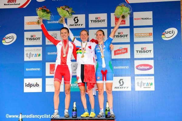 Elite women's cross country podium (l-r): Maja Wloszczowska (Poland), Catharine Pendrel (Canada) and Eva Lechner (Italy)