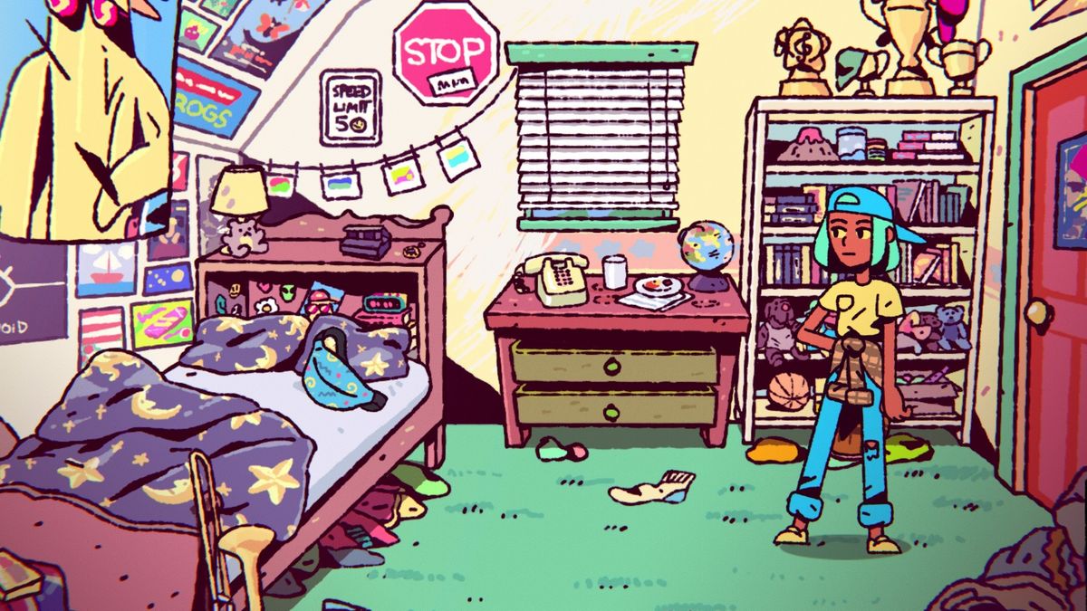 In 2D, cartoon style, a teenage girl stands amidst a messy bedroom filled with &#039;90s memorabilia.