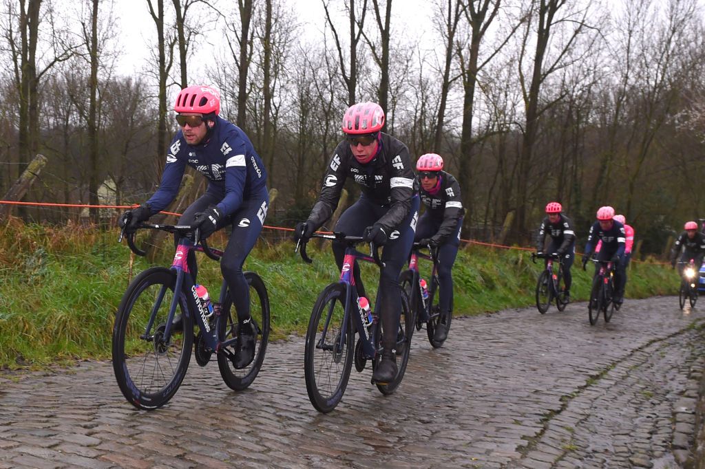 OUDENAARDE BELGIUM FEBRUARY 27 Logan Owen of The United States and Team EF Education First Julius Van Den Berg of The Netherlands and Team EF Education First during the 75th Omloop Het Nieuwsblad 2020 Team EF Pro Cycling recon route OHN2020 OHN20 efprocycling on February 27 2020 in Oudenaarde Belgium Photo by Luc ClaessenGetty Images