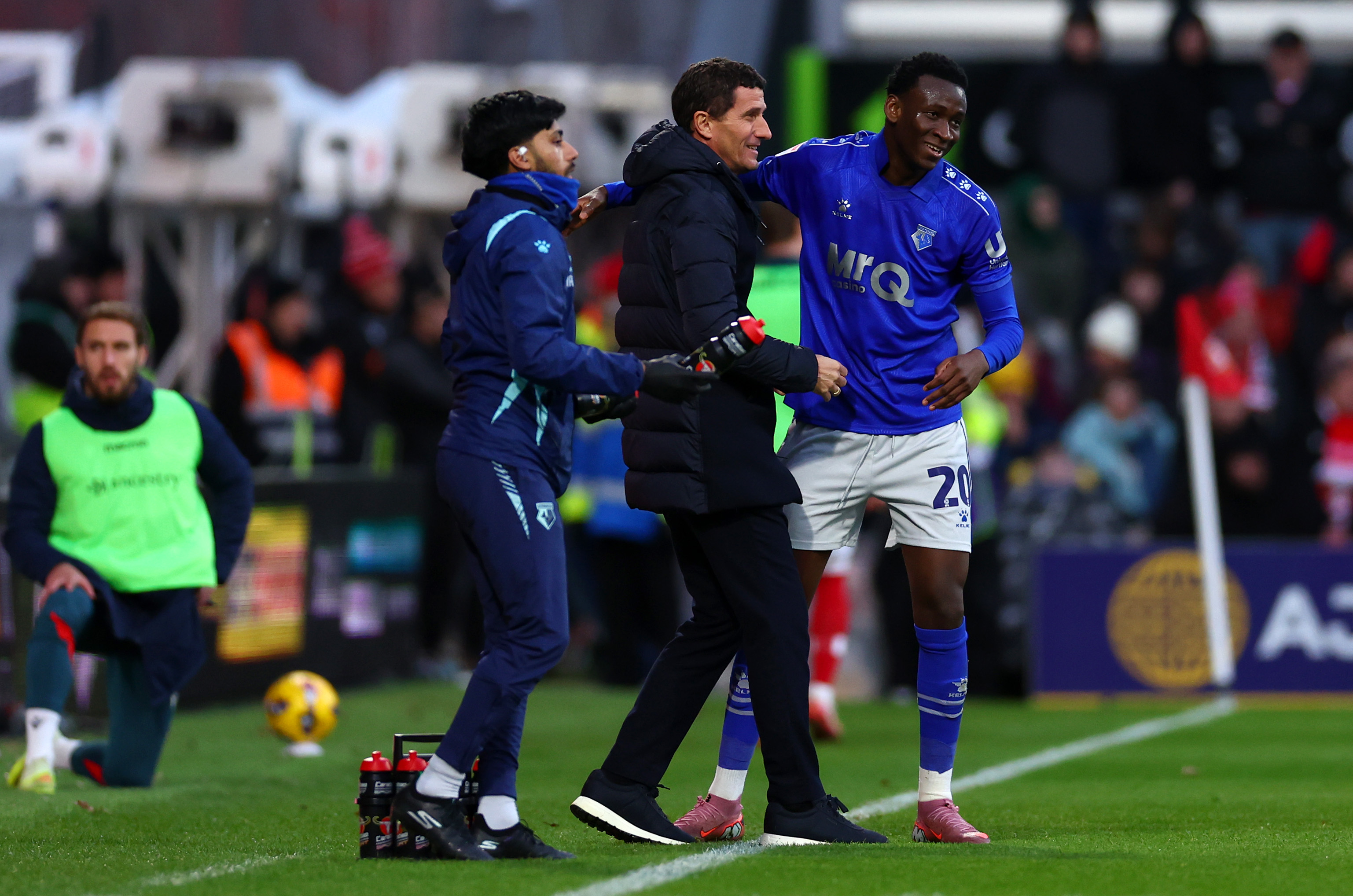 WREXHAM, WALES - DECEMBER 13: Mamadou Doumbia of Watford celebrates scoring his team&amp;amp;apos;s first goal with Javi Gracia, Manager of Watford, during the Sky Bet Championship match between Wrexham AFC and Watford at Racecourse Ground on December 13, 2025 in Wrexham, Wales. (Photo by Joe Prior/Getty Images)