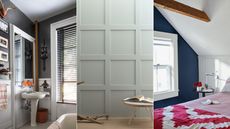 Three images: bathroom with charcoal wall, light gray-green panelled wall, bedroom with white and dark blue walls