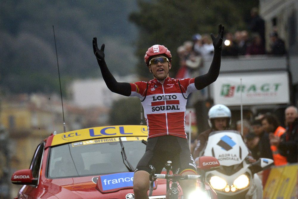 Tony Gallopin of France and Lotto-Soudal celebrates winning stage six of the 2015 Paris-Nice from Vence to Nice.