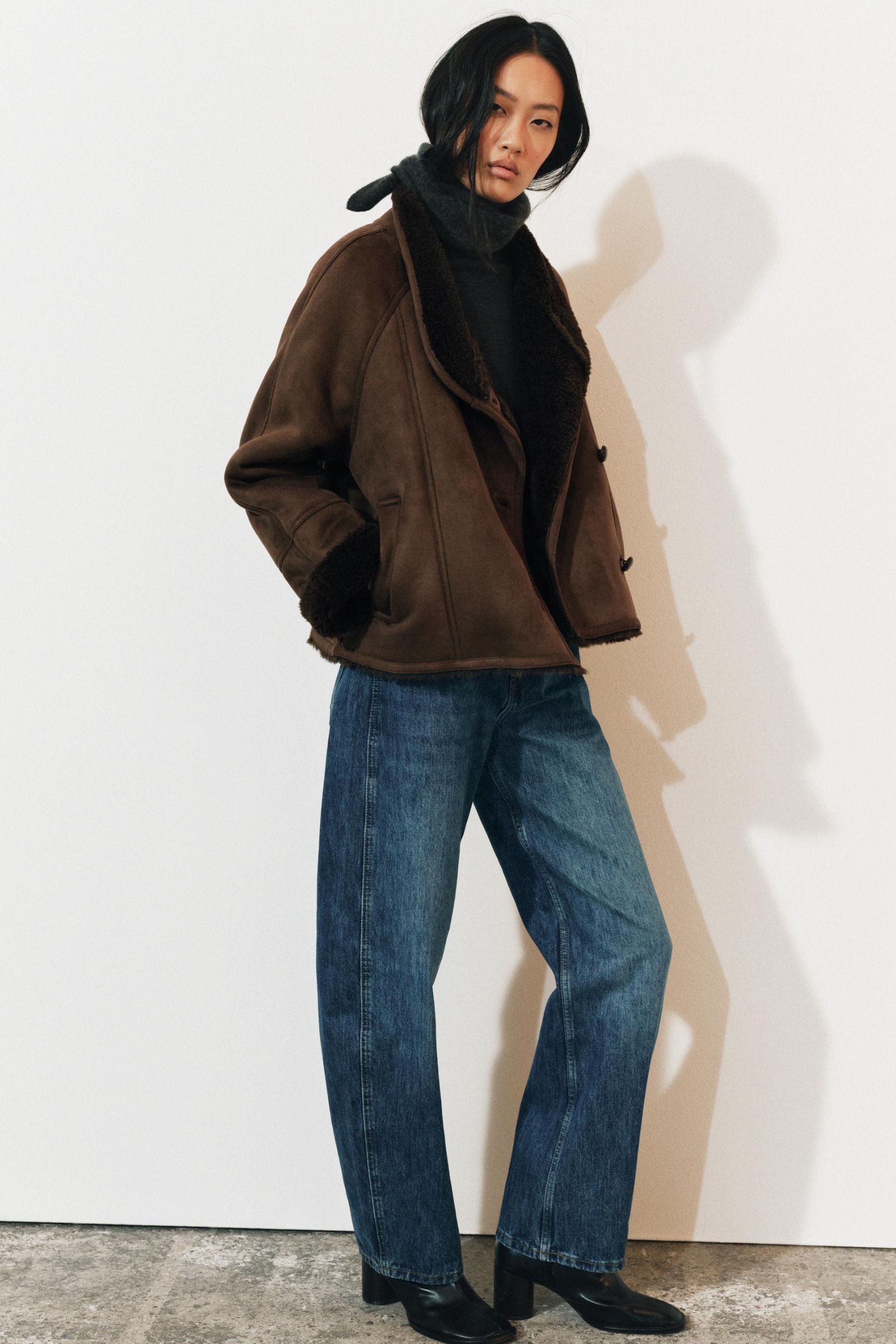 Zw Collection Combined Faux Fur Effect Jacket - Brown - Xs