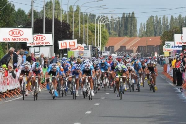 Riders charge to the finish line at the conclusion of the opening stage.