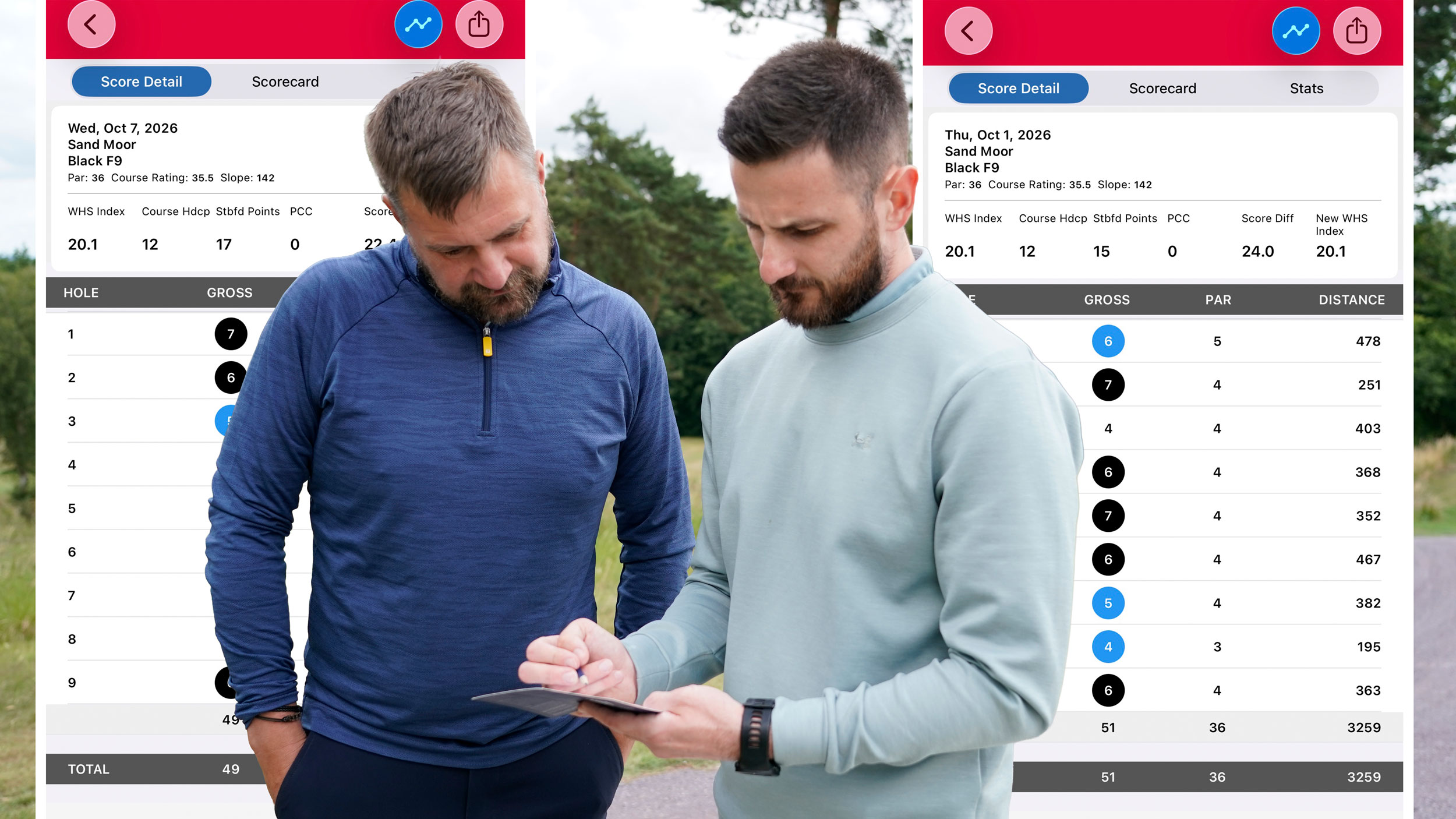 Baz Plummer marking a scorecard with his playing partner, Alex James, with two nine-hole scorecards inset behind them as evidence